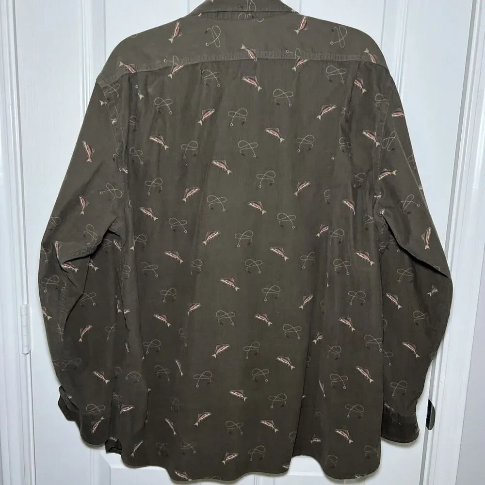Daniel Cremieux Fishing Print Corduroy Button Up Shirt Size XL Brown Outdoors